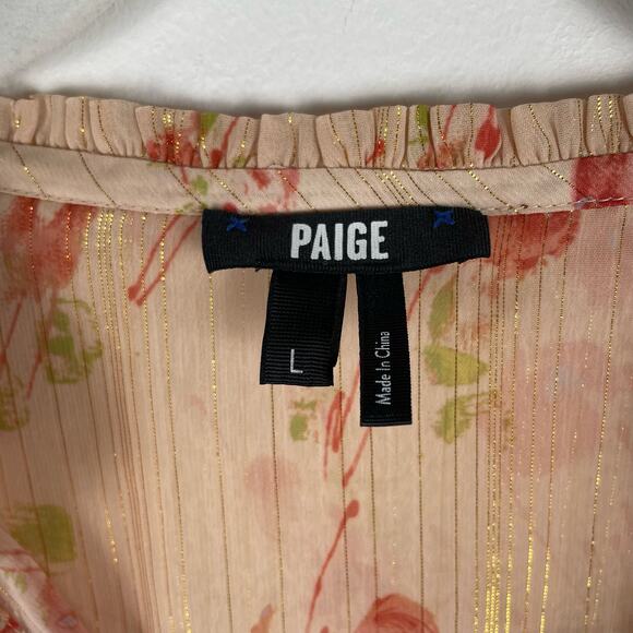 Paige Indira Sheer Floral Blouse Top Women L Metallic Stripe Afterglow Cream Red - Picture 7 of 11